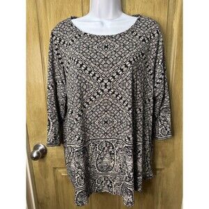 Lucky Brand Top Women 1X Black White Paisley Round Neck Hippie Boho